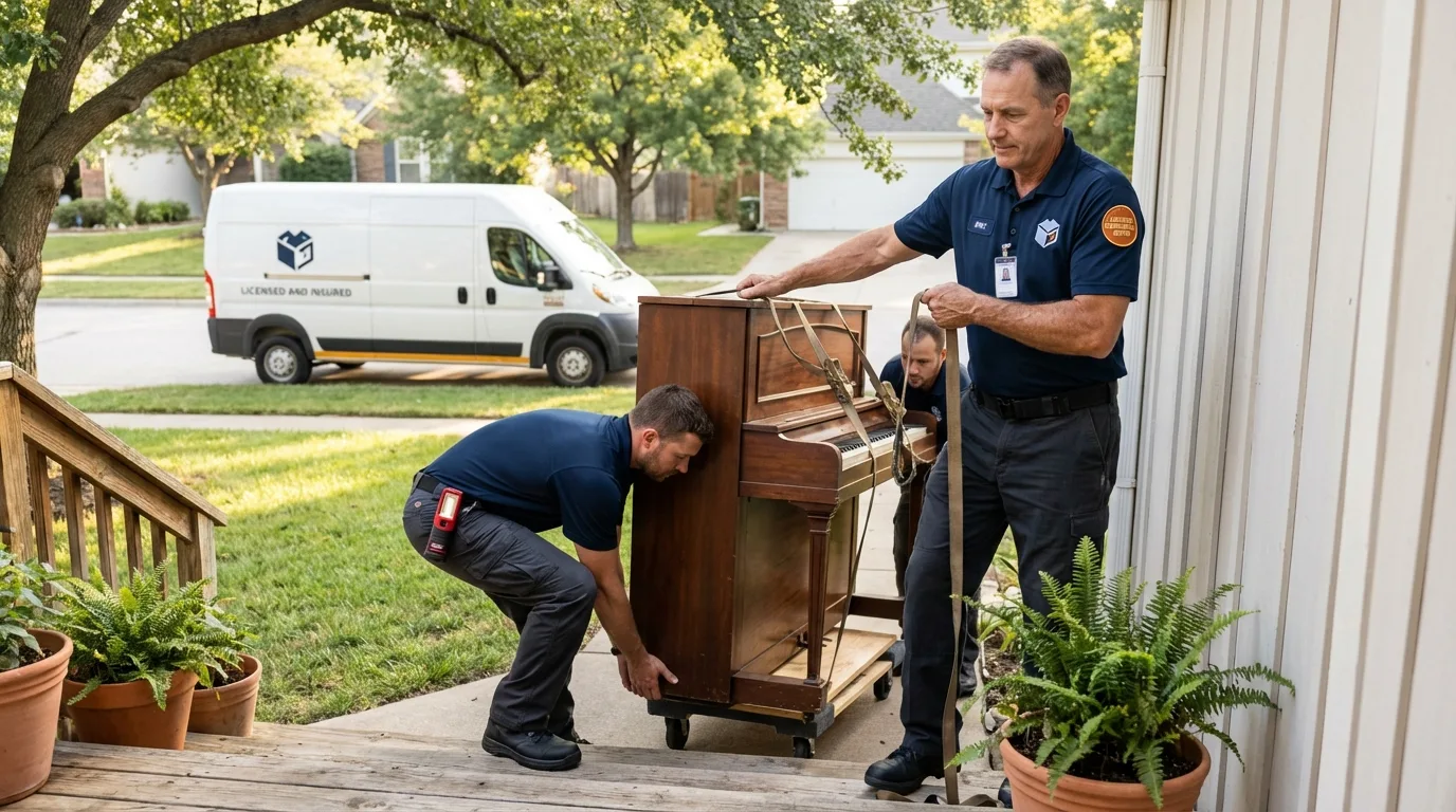 Licensed piano movers securing grand piano in Palmyra, MO